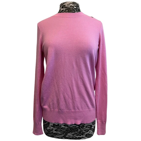 Loft Pink Knit Crew Neck Sweater Gold Buttons Long Sleeve Lightweight Soft‎ M - Picture 2 of 16